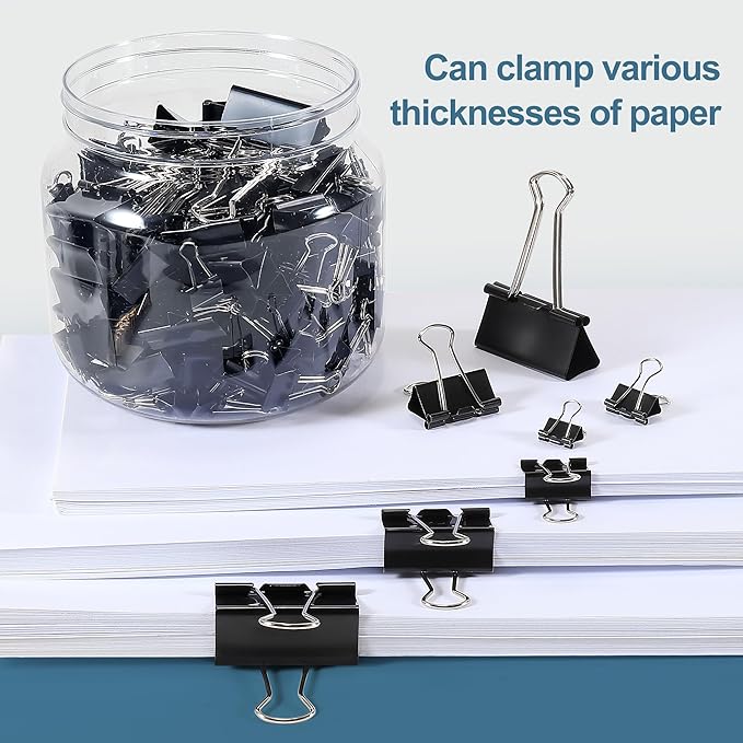 Ufmarine Binder Clips Paper Clips Assorted Sizes 200 Count (Black), Extra Large, Large, Medium, Small, Mini and Micro,6 Sizes with Box for Office, School and Home