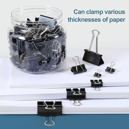Ufmarine Binder Clips Paper Clips Assorted Sizes 200 Count (Black), Extra Large, Large, Medium, Small, Mini and Micro,6 Sizes with Box for Office, School and Home