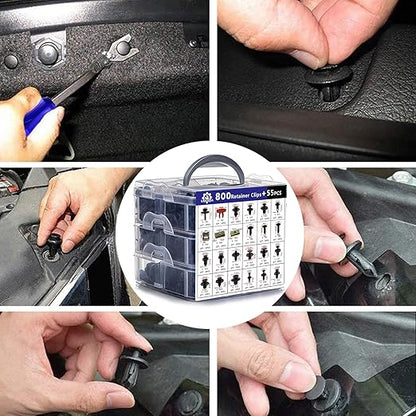 Car Push Retainer Clips 855PCS Auto Fasteners Assortment-24 Most Popular Sizes Nylon Bumper Fender Rivets with 10 Cable Ties and Blue Fastener Remover for Ford GM Toyota Honda Chrysler Benz Nissan