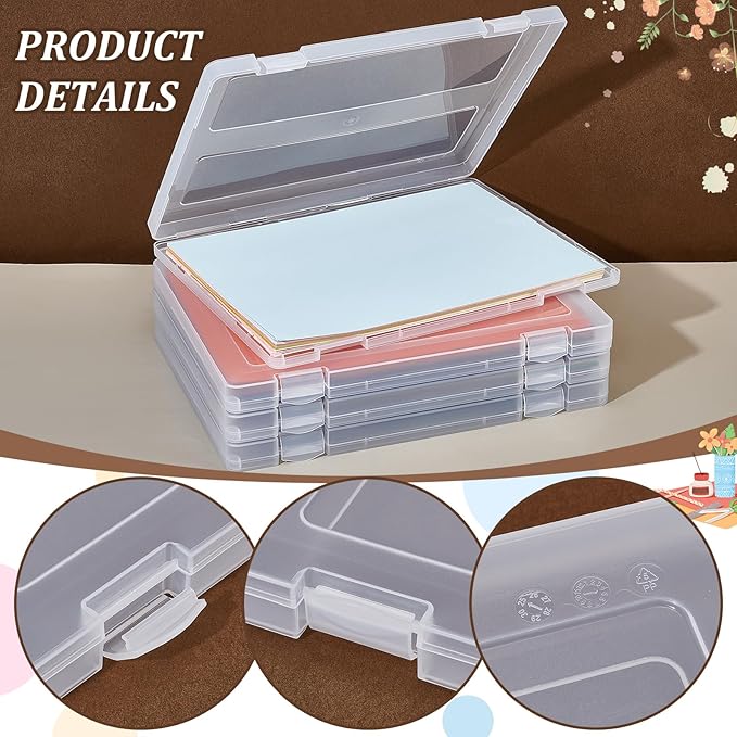 4 Pack Plastic Scrapbook Paper Storage Box, 8.5 x 11 Craft Storage Case, Portable Photo Storages Box, A4 Paper Organizer Storages Container for Office, Home, and School File Organizer
