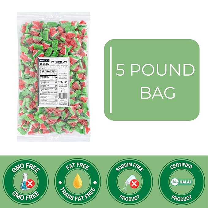 Kervan Candy Bebeto Watermelon Slices - Fruity, Soft, Sweet & Sour Gummy Candy Bulk for Kids, Gift Snacks and Parties - Watermelon Slice Gummies Big Party Size Bag (5 lbs)