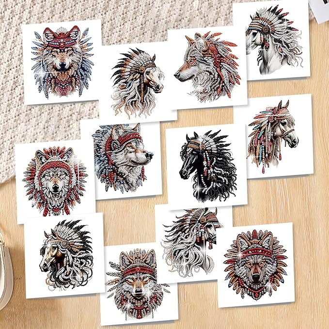 jinglinhh 12pcs Diamond Art Painting Indian Wolf Horse Greeting Cards with Envelopes, DIY Card Making Kits for Adults, Diamond Art Postcards Christmas Cards Craft Gifts
