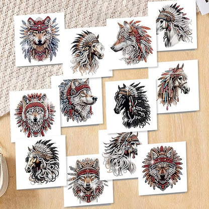 jinglinhh 12pcs Diamond Art Painting Indian Wolf Horse Greeting Cards with Envelopes, DIY Card Making Kits for Adults, Diamond Art Postcards Christmas Cards Craft Gifts
