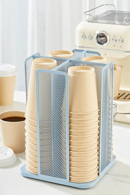 Annova Paper/Plastic Cup and Lid Holder Plastic Storage Organizer, 360°Rotating Coffee Mup Dispenser with 4 Compartments, Multifunctional Storage Rack for Home, Office, Bar, Coffee Shop (New Blue)