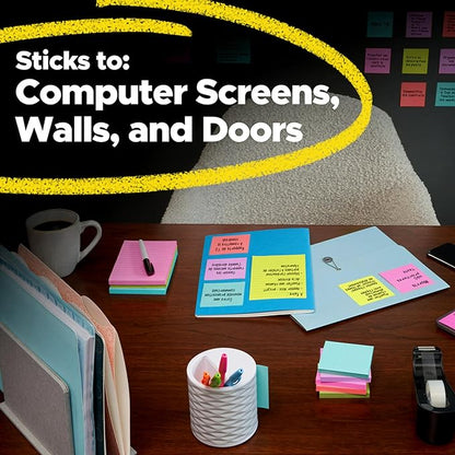 Post-it Super Sticky Notes Assorted Colors 3 x 3 inch | Teacher Pack | Super Sticky | Recyclable | 45 Sheets per Pad, 15 Pads, Pack of 6