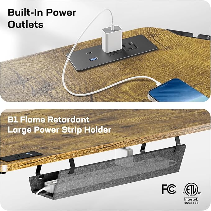 HUANUO 63″ Dual Motor L-Shaped Standing Desk, Built-in Power Outlets, Electric Height Adjustable Corner Computer Desk, Large Power Strip Holder, Sit Stand Up Desk with 3 Preset Heights, Vintage Brown