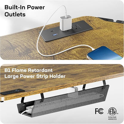 HUANUO 63″ Dual Motor L-Shaped Standing Desk, Built-in Power Outlets, Electric Height Adjustable Corner Computer Desk, Large Power Strip Holder, Sit Stand Up Desk with 3 Preset Heights, Vintage Brown