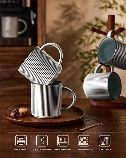 famiware Coffee Mug Set for 4, Star 16 oz Catering Mugs Cup Set with Handle for Coffee, Tea, Cocoa, Milk - Ceramic Stoneware Drinkware Set, Smoky Blue