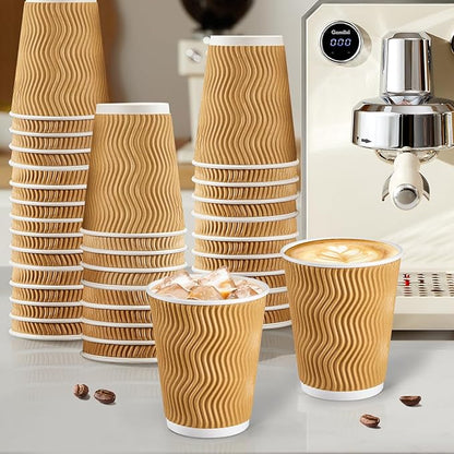 SIUQ 8 oz Coffee Cups - 150 Pack, Insulated Disposable Paper Cups 8 oz, Corrugated Ripple Wall Cups for Hot Beverage or Cold Drinks (Champagne)