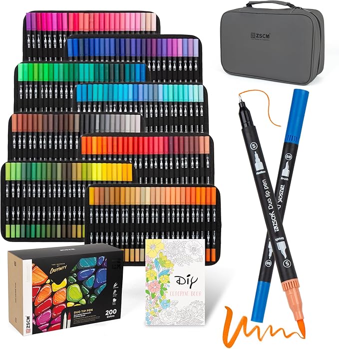 200 Colors Markers for Adult Coloring Books No Bleeding - Duo Tip Art Pens, Fine & Brush Coloring Marker for Adult Calligraphy, Illustration, Cards Drawing, Note taking Lettering, Journaling