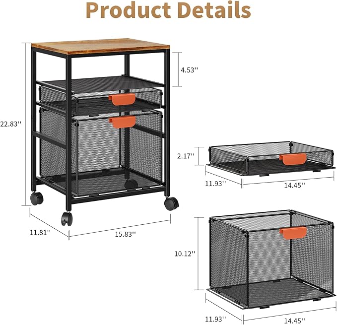 Marbrasse Rolling File Cabinet with Handle, Mobile File Cabinet on Lockable Wheels, Office Filing Cabinet Organizer, Printer Stand with Hanging File Folder Organizer for Home Office - Black