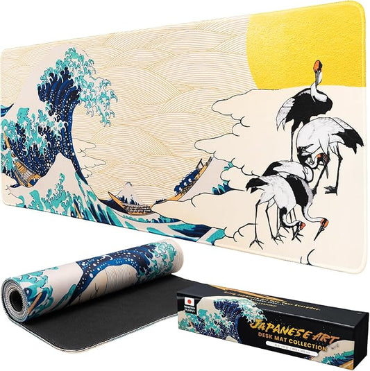BELLEMOND Japanese Art Desk Mat | Large 31.5x11.8in Desk Pad | Mouse Pad for Keyboard & Mouse | Non-Slip Base, Water-Repellent, Smooth Precision | Waves of Harmony