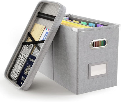 Oterri File Organizer with Lid, Hanging Filing Box with Mesh Pocket, Document Organizer for Letter Files, Portable Storage Box with Smooth Sliding Rail for Office & Home (1 PCS, Light Grey)