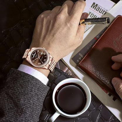 NIBOSI Men's Watches Analog Quartz Diamond Bezel Stainless Steel Dial Rose Gold Silver Watches for Men Waterproof Business Classic Dress Wrist Watch with Day Date