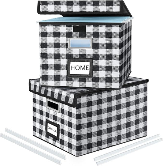 Huolewa Decorative Collapsible File Storage Organizer Boxes with Lids, Hanging Filing & Storage Boxes for Office/Decor/Home, Filing System for File and Folders Storag - (Black & White Lattice)
