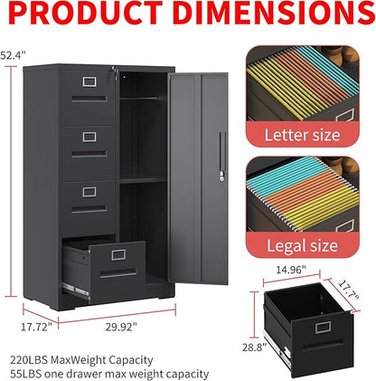 4 Drawer File Cabinet with 1 Door,Metal Storage Locker Cabinets for Employees,Home Office Black Filing Cabinets for Legal/Letter Size Files,Assembly Required