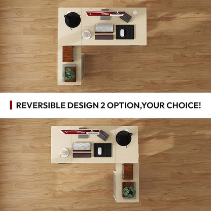 SANODESK 63'' L Shaped Standing Desk with 2-Drawer File Cabinet, Electric Height Adjustable Stand up Desk w/USB Charge Ports, Home Office Modern Wood Computer Desk with Shelves,White Frame/Maple Top