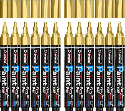 Overseas Gold Paint Pens - Permanent Acrylic Paint Markers 12 Pack, Water-Based, Quick Dry, Waterproof Marker Pen for Rock, Wood, Plastic, Metal, Canvas, Glass, Fabric, Card, Mugs. Medium Tip