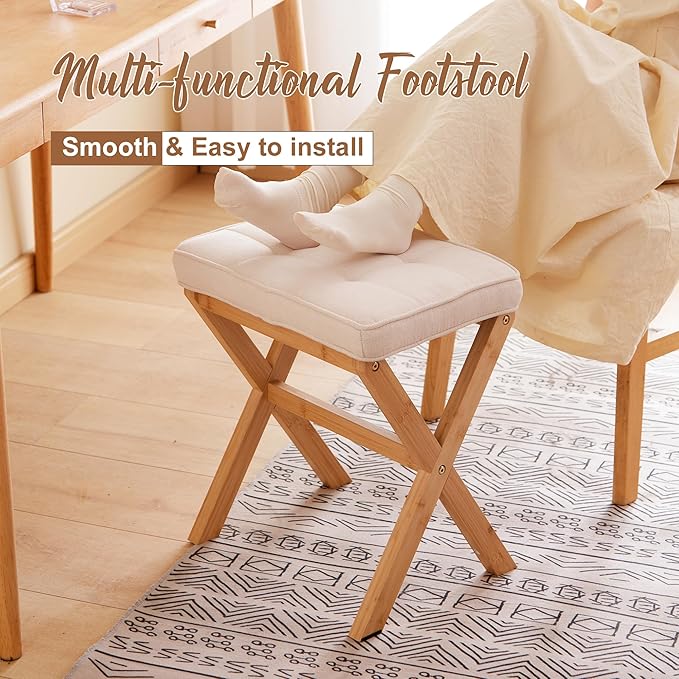FILWH Foot Stool Small Ottoman Foot Rest Padded Foot Stool Desk Foot Stool for Under Office Desk Vanity Stool Bamboo Footstool Sofa Footrest Shoe Stool Small Foot Stools (Natural Legs + Beige)