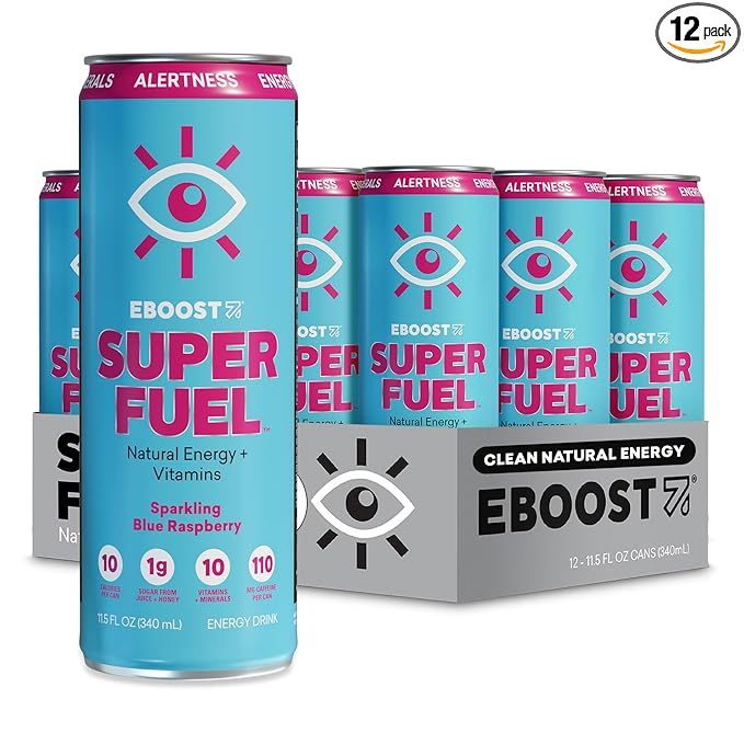 EBOOST Super Fuel Healthy Energy Drink - Caffeine from Natural & Clean Ingredients For Focus and Productivity -Taurine Free Pre-Workout With Electrolytes, Nootropic & Vitamins- Blue Raspberry 12 Pack