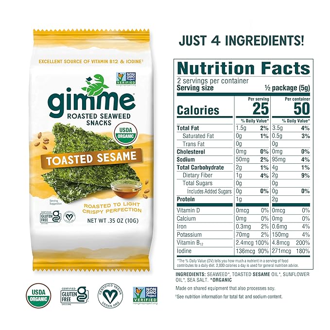Gimme Seaweed Organic Premium Roasted Seaweed Snacks, Toasted Sesame, 12 Count Sharing Size, Keto, Vegan, Gluten-Free, Great Source of Omega3s and Iodine, Healthy On-The-Go Snack for Kids and Adults