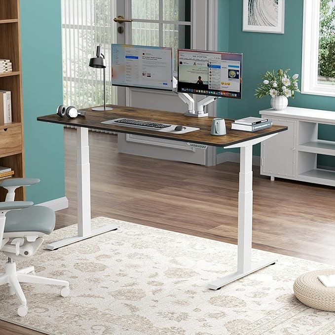 Pro 3 Stages Dual Motor 59 x 30 in Electric Standing Desk with One Piece Desktop, Adjustable Height, Sit to Stand Up Desk for Home Office, Work Study, White Frame & Brown Desktop (2 Packages)