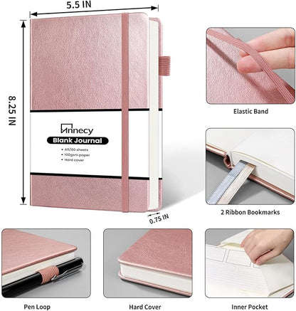 Annecy Blank Journal Notebook, Medium 5.5x 8.25, 160 Pages 100GSM Writing Paper, A5 Rose Gold Faux Leather Cover with Pen Loop