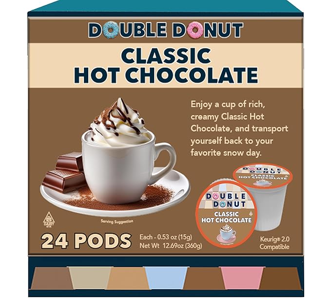 Double Donut Coffee Hot Chocolate Pods for Keurig K Cups Brewers, Single Serve Classic Hot Cocoa Pods, 24 Count