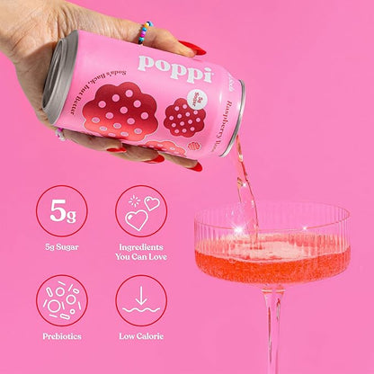 Poppi Sparkling Prebiotic Soda Beverage with Apple Cider Vinegar, Seltzer Water and Fruit Juice, Raspberry Rose Flavor, 12 oz, Pack of 12, Packaging May Vary