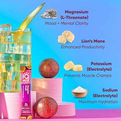 IQMIX Hydration Electrolyte Powder – 4-in-1 Formula for Hydration, Mental Clarity, Mood and Recovery – Sugar-Free Drink Mix, Keto, Magnesium L-Threonate, Lion’s Mane – 40 Count Passion Fruit