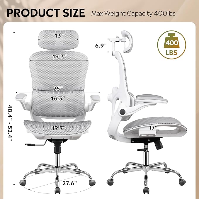 DEVAISE Ergonomic Mesh Home Office Desk Chair with Lumbar Support, High Back Reclining Computer Gaming Chair with Flip-up Armrests, 3D Headrest, Tilt Lock, Heavy Duty, SGS Class 4 Gas Lift, White