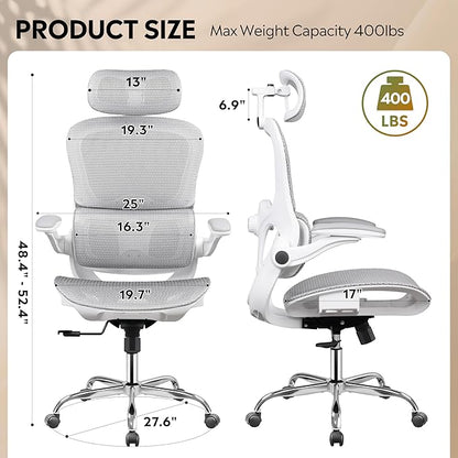 DEVAISE Ergonomic Mesh Home Office Desk Chair with Lumbar Support, High Back Reclining Computer Gaming Chair with Flip-up Armrests, 3D Headrest, Tilt Lock, Heavy Duty, SGS Class 4 Gas Lift, White