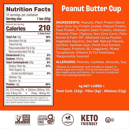 Munk Pack Peanut Butter Cup Probiotic Keto Protein Bars Stocking Stuffers | 15g Plant Protein, 1g Sugar, 4g Net Carbs | Non-GMO, Plant-Based, Low Sugar, Gluten-Free Snacks | 12 Count