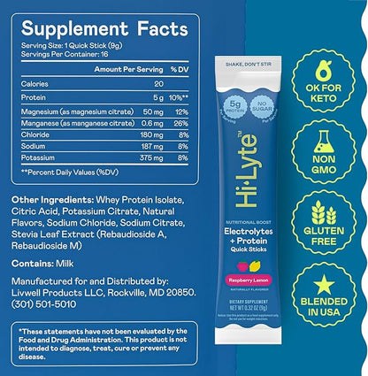 Hi-Lyte Electrolytes + Protein Quick Sticks Raspberry Lemon, 16 Servings - Sodium, Potassium, Whey Protein - Keto Friendly - 5g Protein, No Sugar