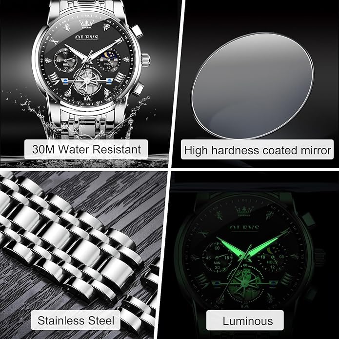 OLEVS Men Watches Stainless Steel Chronograph Watch, Large Wrist Analog Quartz Watch, Fashion Waterproof Diamond Roman Numerals Dress Watches for Men, Gold/Black/White/Blue/Grey Dial