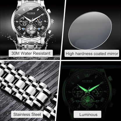 OLEVS Men Watches Stainless Steel Chronograph Watch, Large Wrist Analog Quartz Watch, Fashion Waterproof Diamond Roman Numerals Dress Watches for Men, Gold/Black/White/Blue/Grey Dial