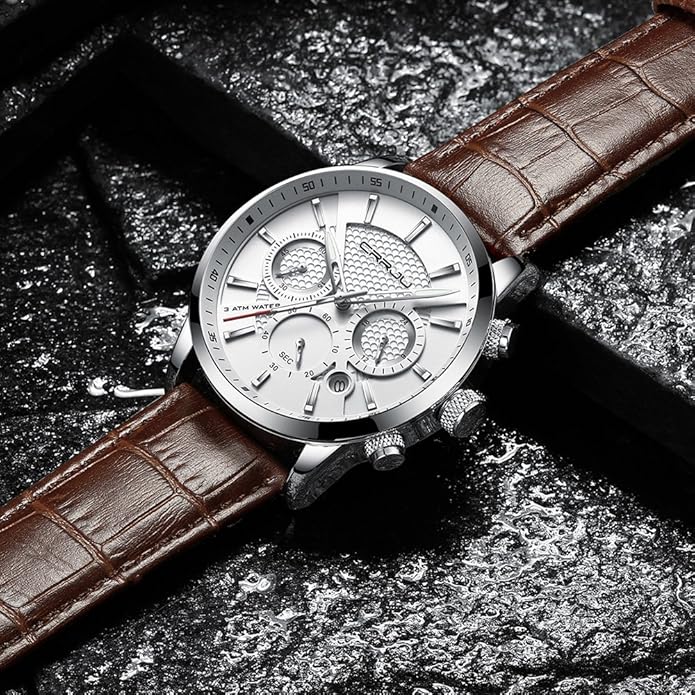 CRRJU Men's Business Casual Chronograph Quartz Waterproof Wristwatch Black Leather Strap