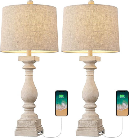 BOBOMOMO 27" Table Lamp with USB C+A Charging Ports Set of 2 Antique Nightstand Lamp for Bedroom Living Room Farmhouse Office Retro Rustic Resin Bedside Desk Lamps Washed White
