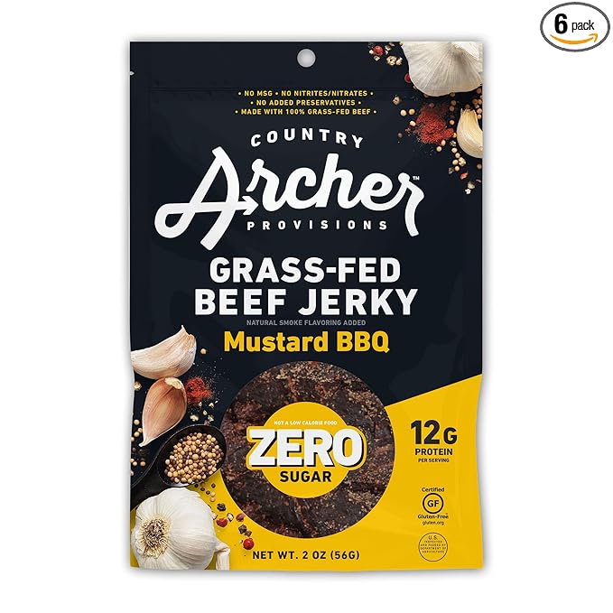 Country Archer Grass Fed Beef Jerky Mustard BBQ - Zero Sugar Beef Jerky, Sugar Free Beef Jerky Snack Pack, Mustard BBQ Beef Jerky Bulk, Individual Beef Jerky Pack, Gluten Free, Paleo- 2 oz (Pack of 6)