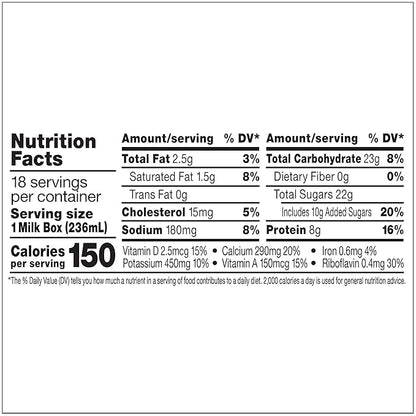 Horizon Organic Shelf Stable 1% Lowfat DHA Omega-3 Chocolate Milk Boxes, 8 fl oz, 18 Count - 8g Protein per Serving, USDA Organic UHT from Pasture-Raised Cows, Ready to Drink for Lunchbox, Travel, or On-the-Go, No Refrigeration Needed