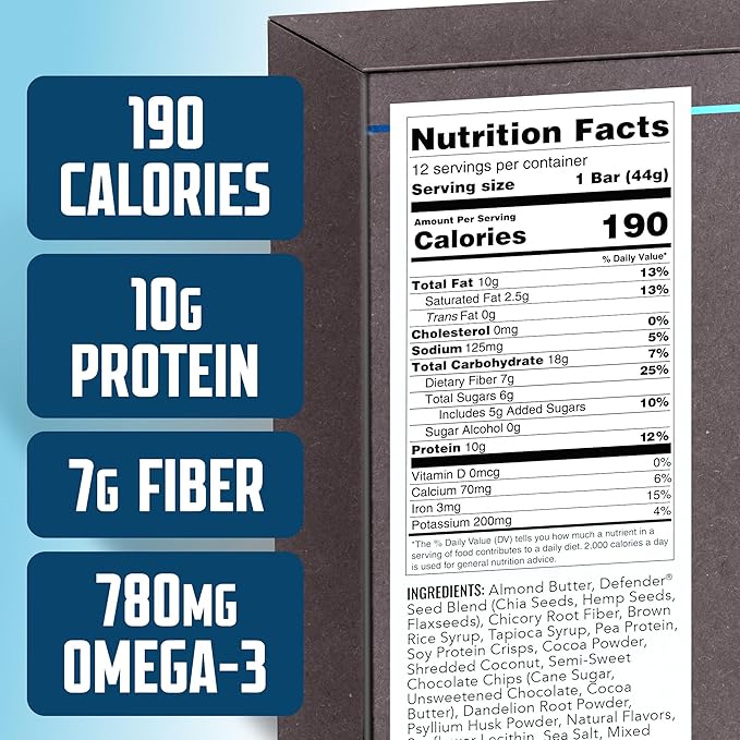 Defender Vegan Protein Bar, Coconut Almond Chocolate Chip, Plant Based Snack Breakfast Bars, Psyllium Husk, High Fiber, Non GMO, Kosher, No Stevia & Sugar Alcohols, 12 Bars, Holiday Gift Item, Stocking Stuffer