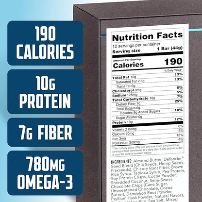 Defender Vegan Protein Bar, Coconut Almond Chocolate Chip, Plant Based Snack Breakfast Bars, Psyllium Husk, High Fiber, Non GMO, Kosher, No Stevia & Sugar Alcohols, 12 Bars, Holiday Gift Item, Stocking Stuffer