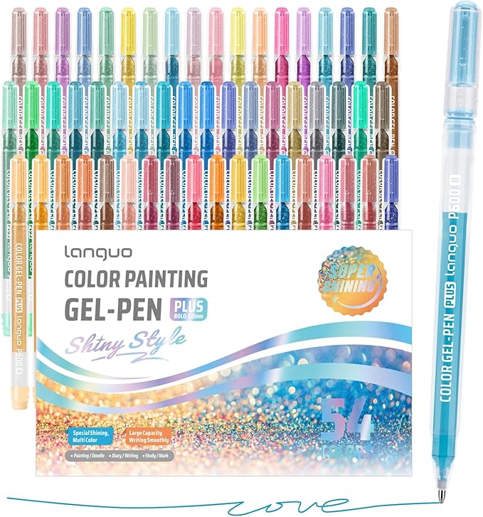 Glitter Gel Pens, 54 Pack Colored Pens for Black Paper & White Paper, 1.0mm Point Pens, Large Capacity Ink Pens for Coloring, Writing, Drawing, Journaling, Note Taking, School, Office, Home