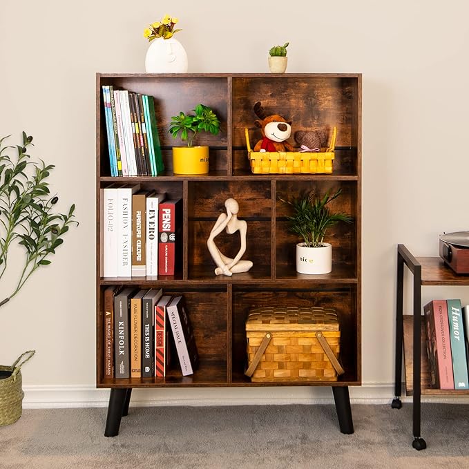 LEYAOYAO Cube Bookshelf 3 Tier Mid-Century Rustic Brown Modern Bookcase with Legs,Retro Wood Bookshelves Storage Organizer Shelf,Freestanding Open Book Shelves for Bedroom,Living Room,Office