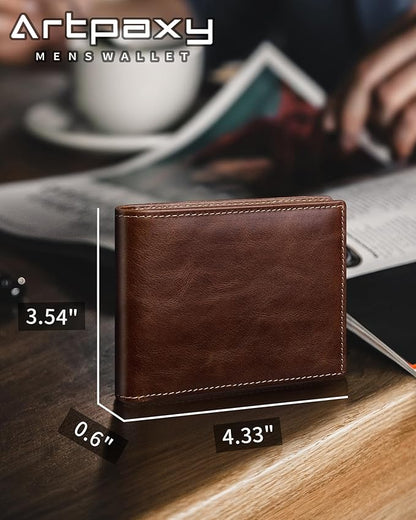 Mens Wallet Bifold Genuine Leather RFID Blocking Wallet for Men with 2 ID Windows 11 Card Holders 2 cash pockets 1 Gift Box