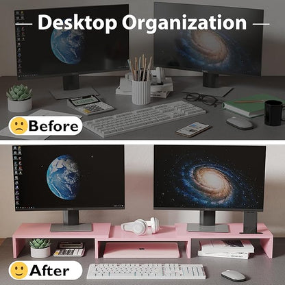 BONTEC Dual Monitor Stand for Desk, Adjustable Length and Angle Monitor Stand Riser with Smartphone Holder, Desk Shelf for Top of Desk, Computer Monitor Stand with Storage, Office Desk Organizer, Pink