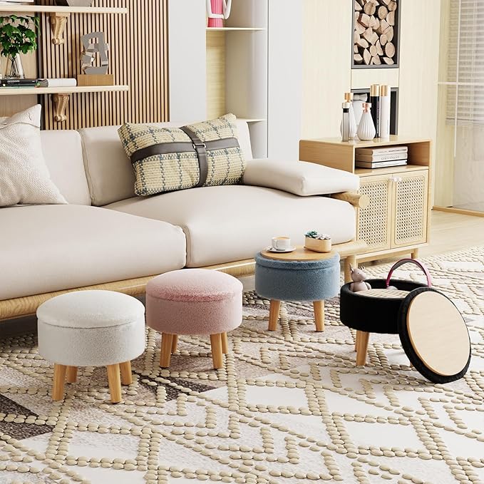 Poofzy Small Ottoman with Storage, Small Foot Stool Ottoman with Wood Legs, Faux Fur Foot Rest for Couch, Living Room and Bedroom - Smog Blue