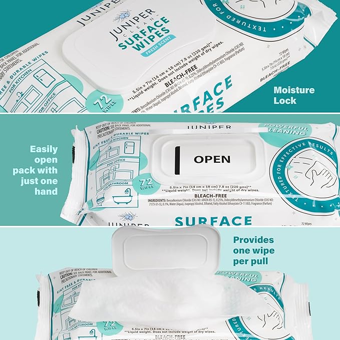 6 Pack Surface Cleaning Wipes Bleach Free, All-Purpose Cleaner for Bathroom, Kitchen, Office, 72 Count Soft Flow, Fresh Scent, Lint Free & Durable