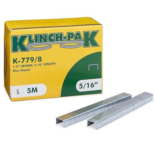 K-779/8, 5/16” Leg by 1/2" Wide Crown Heavy-Duty Galvanized Plier Staples, 5000 Per Package, for stapling Trays, Lids, Bags, Header Cards, Fastening End Caps and Container Inserts