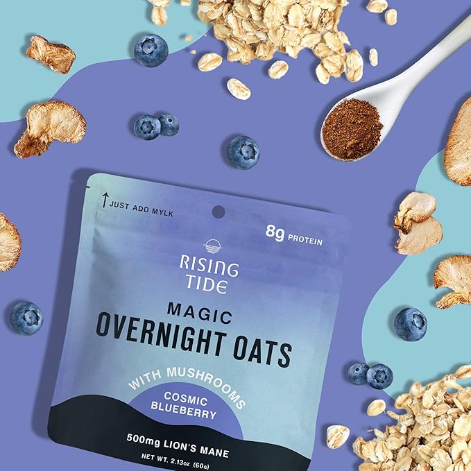 Mushroom Overnight Oats (6 Pack) Superfood Lions Mane Mushroom, Chia & Flax Seed - Organic Protein Oatmeal - High Fiber, Vegan, Gluten Free, Low Sugar - Easy Prep Plant Protein - Blueberry